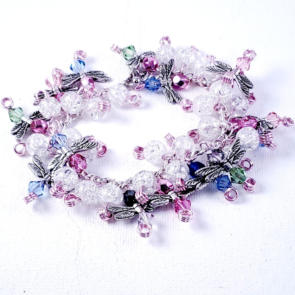 Handmade Austrian Crystal & Czech Glass Dragonfly Charm Bracelet - 7.5"